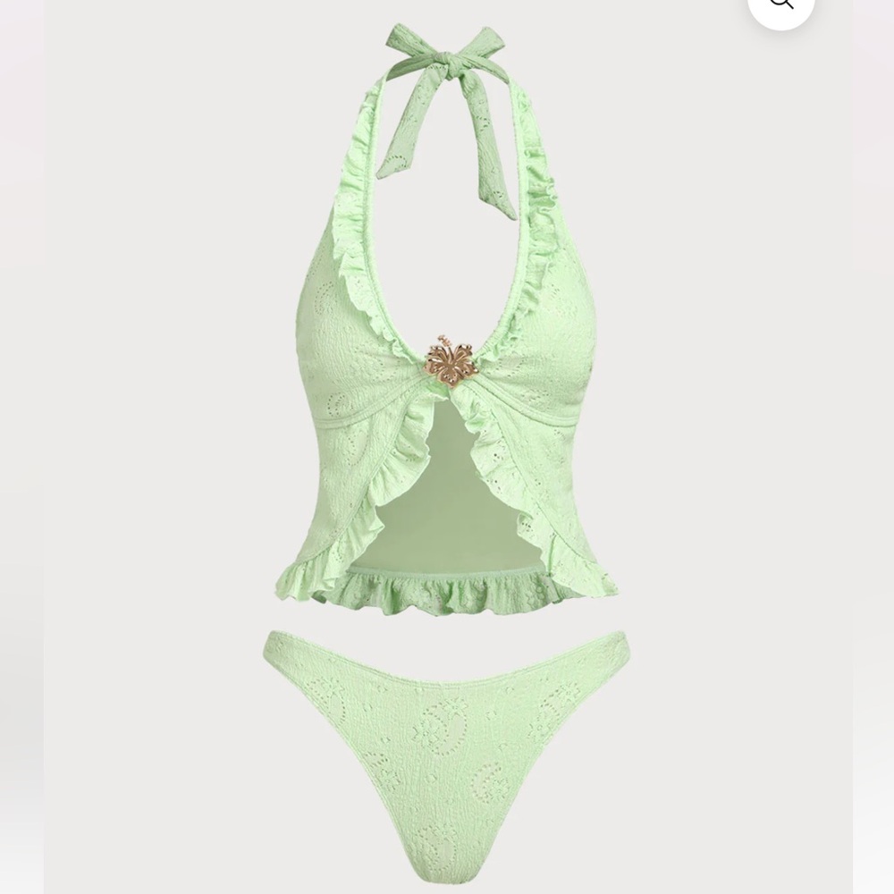 Samiol Light Green Flower Decoration Deep V Tankini Set size Medium